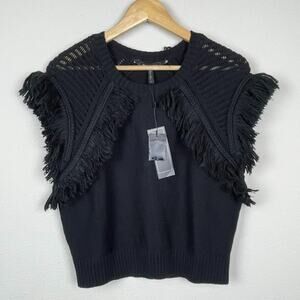 BCBGMAXAZRIA Black Cropped Fringe Sweater Size S NWT Whimsy Goth Festival Witchy